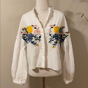 Zara Balloon Sleeve Embroidered Blouse